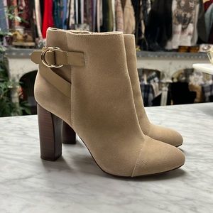 White House Black Market Beige Suede Ankle Boots with Gold Buckle